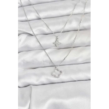 Pirinç Gümüş Renk Yonca Model 2li Kadın Kolye