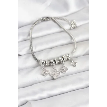 Pirinç Gümüş Renk Yonca Model Kadın Bileklik