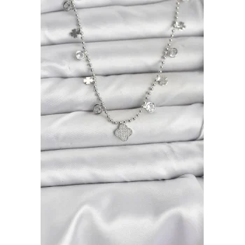 Pirinç Gümüş Renk Yonca Model Kadın Kolye