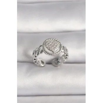 Pirinç Gümüş Renk Zincir Model Zirkon Taşlı Kalp Model Kadın Yüzük