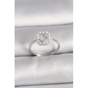 Pirinç Gümüş Renk Zirkon Taş Detaylı İncili Ayarlanabilir Yüzük