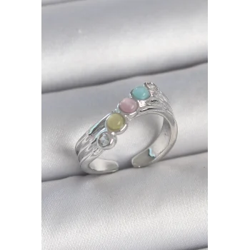 Pirinç Gümüş Renk Zirkon Taş Detaylı Renkli Mineli Ayarlanabilir Kadın Yüzük