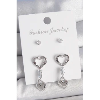 Pirinç Gümüş Renk Zirkon Taş Detaylı Sallantı Model 2 Çift Kadın Küpe Seti