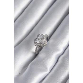 Pirinç Gümüş Renk Zirkon Taş Kalp Charm Model Kadın Yüzük