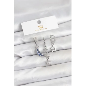 Pirinç Gümüş Renk Zirkon Taşlı Ay ve Yıldız Model YSX Trio Küpe Seti