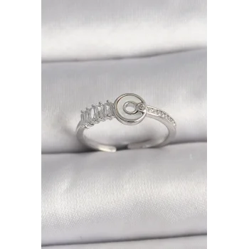 Pirinç Gümüş Renk Zirkon Taşlı Ayarlanabilir Kadın Yüzük