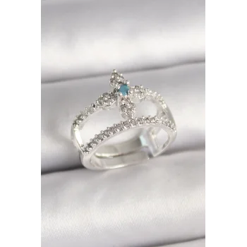 Pirinç Gümüş Renk Zirkon Taşlı Ayarlanabilir Model Kadın Yüzük