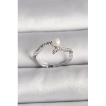 Pirinç Gümüş Renk Zirkon Taşlı Ayarlanabilir Yüzük