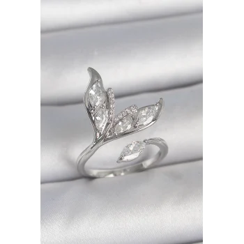 Pirinç Gümüş Renk Zirkon Taşlı Balık Kuyruğu Model Ayarlanabilir Kadın Yüzük