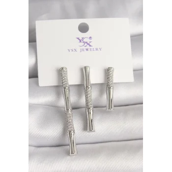 Pirinç Gümüş Renk Zirkon Taşlı Bambu Model 3Lü Kadın Kombin Küpe