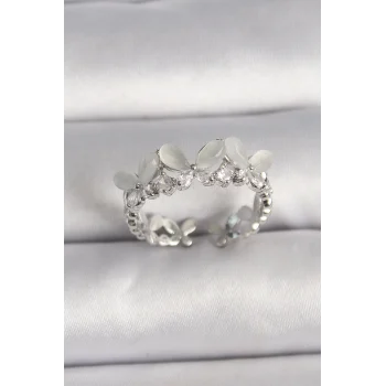 Pirinç Gümüş Renk Zirkon Taşlı Beyaz Mineli Kelebek Model Ayarlanabilir Yüzük