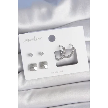 Pirinç Gümüş Renk Zirkon Taşlı Burgu Halka Model Kare Detay 3 Çift Kadın Küpe Seti