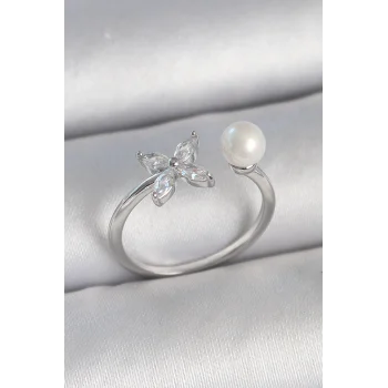 Pirinç Gümüş Renk Zirkon Taşlı Çiçek Model İnci Detay Ayarlanabilir Kadın Yüzük