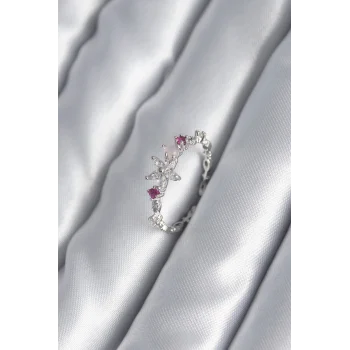 Pirinç Gümüş Renk Zirkon Taşlı Çiçek Model Pembe Zirkon Taş Detay Kadın Yüzük