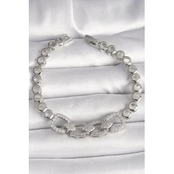 Pirinç Gümüş Renk Zirkon Taşlı Daire Zincir Model Kadın Bileklik