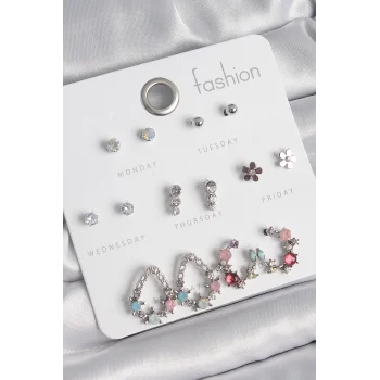 Pirinç Gümüş Renk Zirkon Taşlı Damla Model Çiçek Detay 7 Çift Kadın Küpe Seti