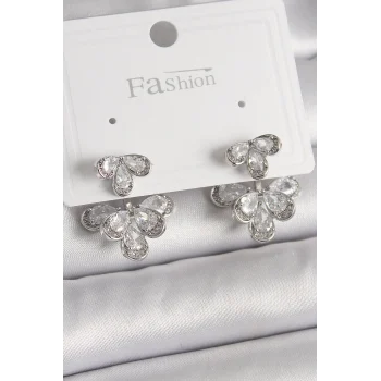 Pirinç Gümüş Renk Zirkon Taşlı Damla Model Kadın Küpe