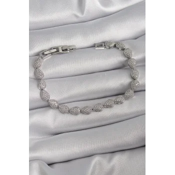 Pirinç Gümüş Renk Zirkon Taşlı Damla Model Vıp Seri Kadın Bileklik