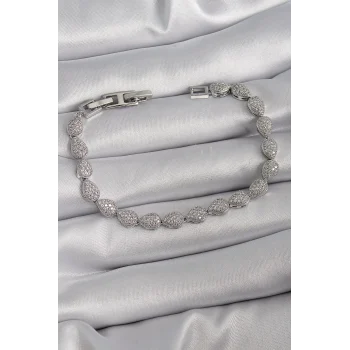 Pirinç Gümüş Renk Zirkon Taşlı Damla Model VIP Seri Kadın Bileklik