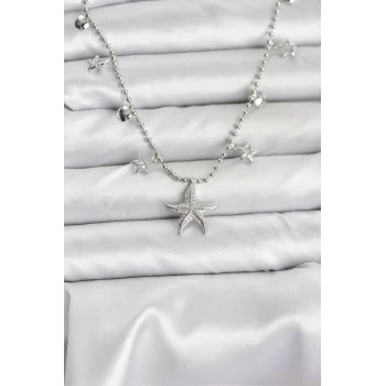 Pirinç Gümüş Renk Zirkon Taşlı Deniz Yıldızı Model Kadın Kolye