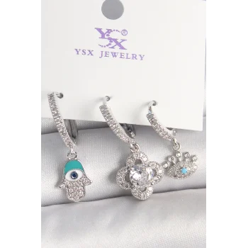 Pirinç Gümüş Renk Zirkon Taşlı Fatma Ana Yonca Figür Göz Detay 3Lü Kadın Kombin Küpe