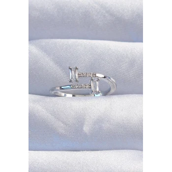 Pirinç Gümüş Renk Zirkon Taşlı Geometrik Ayarlanabilir Yüzük