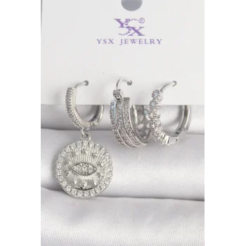 Pirinç Gümüş Renk Zirkon Taşlı Göz İşlemeli Halka Model 3Lü Kadın Kombin Küpe