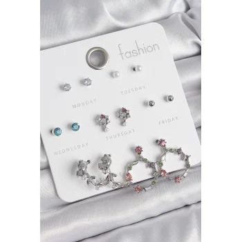 Pirinç Gümüş Renk Zirkon Taşlı Gül Figür Halka Model 7 Çift Kadın Küpe Seti