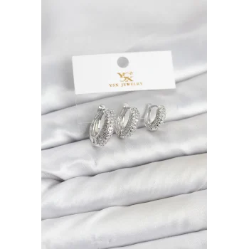 Pirinç Gümüş Renk Zirkon Taşlı Halka Model Ysx Trio Küpe Seti