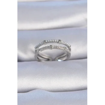 Pirinç Gümüş Renk Zirkon Taşlı İnci Detay Kadın Yüzük