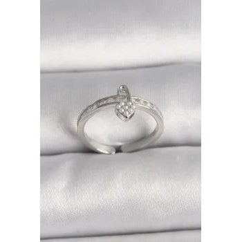 Pirinç Gümüş Renk Zirkon Taşlı İnci Detaylı Kilit Kalp Model Ayarlanabilir Yüzük