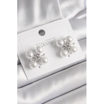 Pirinç Gümüş Renk Zirkon Taşlı İncili Kadın Küpe