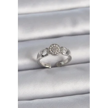 Pirinç Gümüş Renk Zirkon Taşlı İncili Kalp İşleme Detay Ayarlanabilir Model Kadın Yüzük