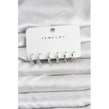 Pirinç Gümüş Renk Zirkon Taşlı Kadın Küpe Seti