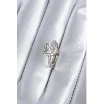 Pirinç Gümüş Renk Zirkon Taşlı Kalp Charm Model Kadın Yüzük