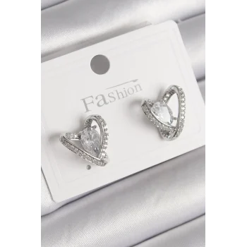Pirinç Gümüş Renk Zirkon Taşlı Kalp Model Kadın Küpe