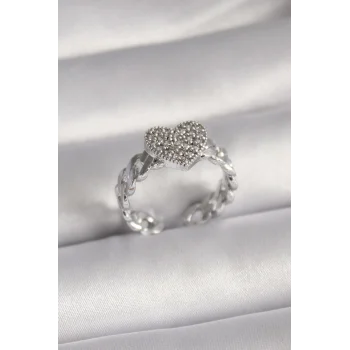 Pirinç Gümüş Renk Zirkon Taşlı Kalp Model Kadın Yüzük