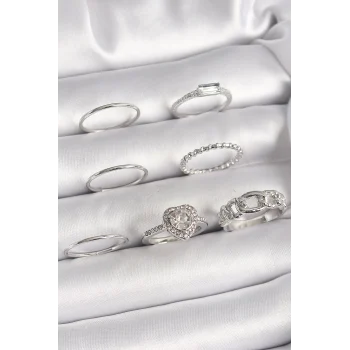 Pirinç Gümüş Renk Zirkon Taşlı Kalp Model Kadın Yüzük Kombini