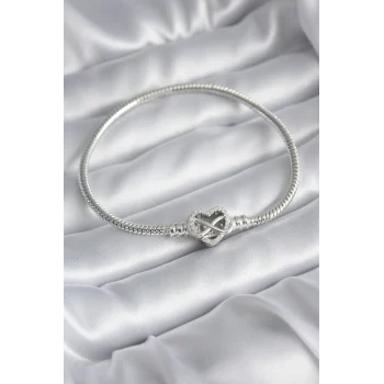 Pirinç Gümüş Renk Zirkon Taşlı Kalp Sonsuzluk Model Charm Kadın Bileklik