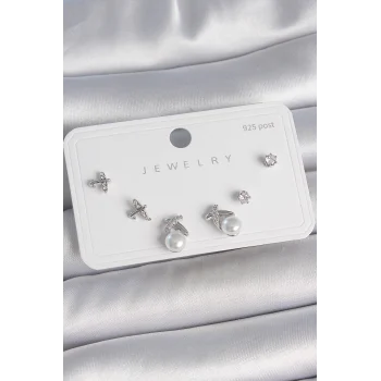 Pirinç Gümüş Renk Zirkon Taşlı Kelebek Model İnci Detay 925 Ayar Gümüş Çivi Kadın Küpe Seti