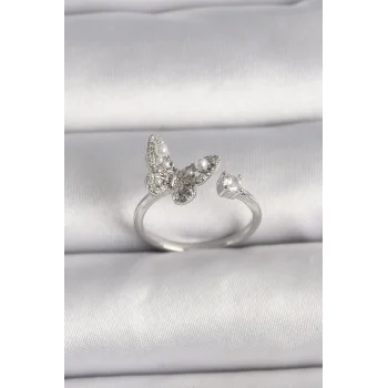 Pirinç Gümüş Renk Zirkon Taşlı Kelebek Model İnci Detay Ayarlanabilir Yüzük