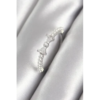 Pirinç Gümüş Renk Zirkon Taşlı Kurdele Model İnci Detay Kadın Yüzük