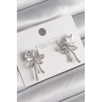 Pirinç Gümüş Renk Zirkon Taşlı Kurdele Model Kadın Küpe