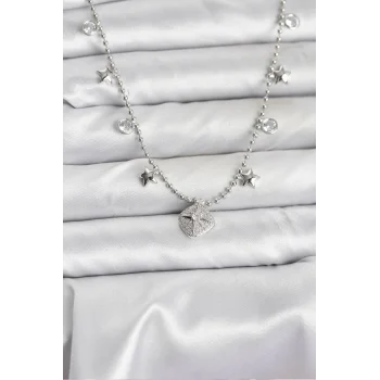 Pirinç Gümüş Renk Zirkon Taşlı Kutup Yıldızı Model Kadın Kolye