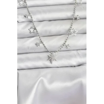 Pirinç Gümüş Renk Zirkon Taşlı Kutup Yıldızı Model Kadın Kolye
