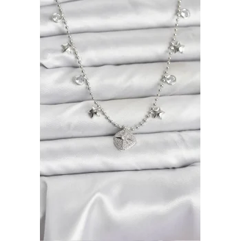 Pirinç Gümüş Renk Zirkon Taşlı Kutup Yıldızı Model Kadın Kolye