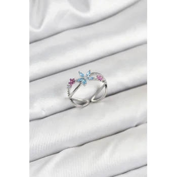 Pirinç Gümüş Renk Zirkon Taşlı Mavi Çiçekli Kadın Yüzük