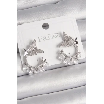 Pirinç Gümüş Renk Zirkon Taşlı Sallantı Detay Kelebek Model Kadın Küpe