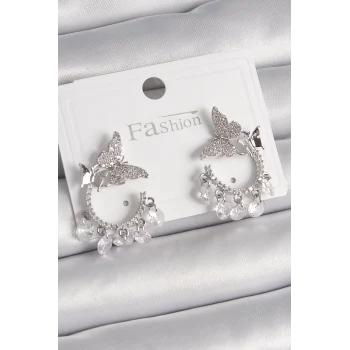 Pirinç Gümüş Renk Zirkon Taşlı Sallantı Detay Kelebek Model Kadın Küpe