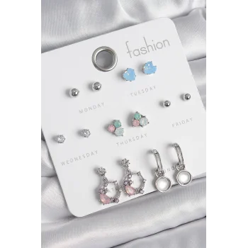 Pirinç Gümüş Renk Zirkon Taşlı Sallantı Halka Model Çiçek Detay 7 Çift Kadın Küpe Seti